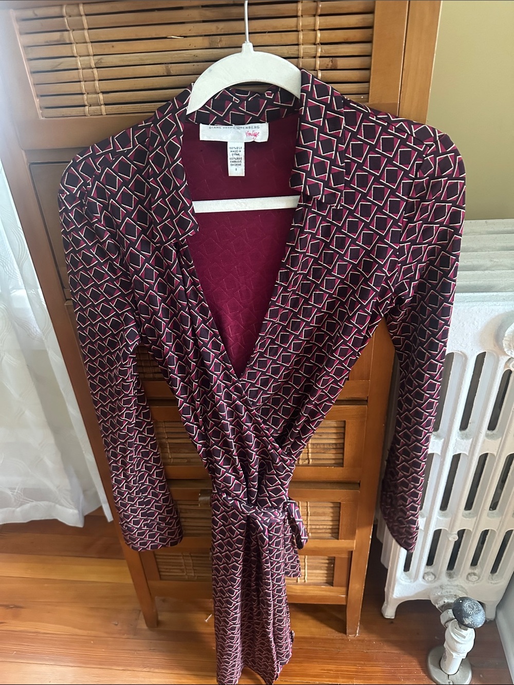 Diane Von Furstenberg Burgundy Geometric Long Sleeve Wrap Dress